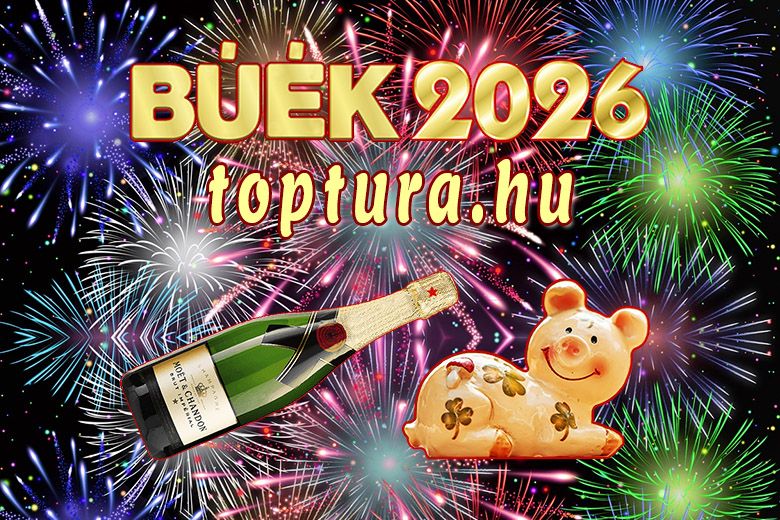 Színes tűzijáték pezsgősüveggel és mosolygó porcelán kismalaccal, BÚÉK 2026 toptura.hu felirattal